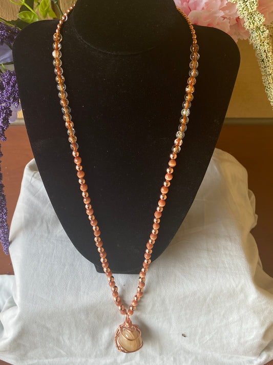 Banded Agate Pendant Copper Beaded Necklace